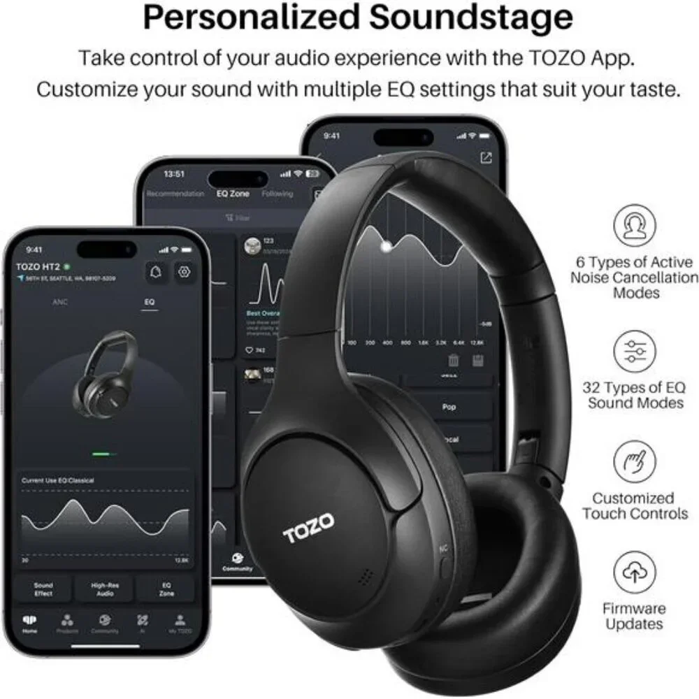 TOZO HT2 Noise Cancelling Headphones Wireless Bluetooth Over Ear Hi Res Audio